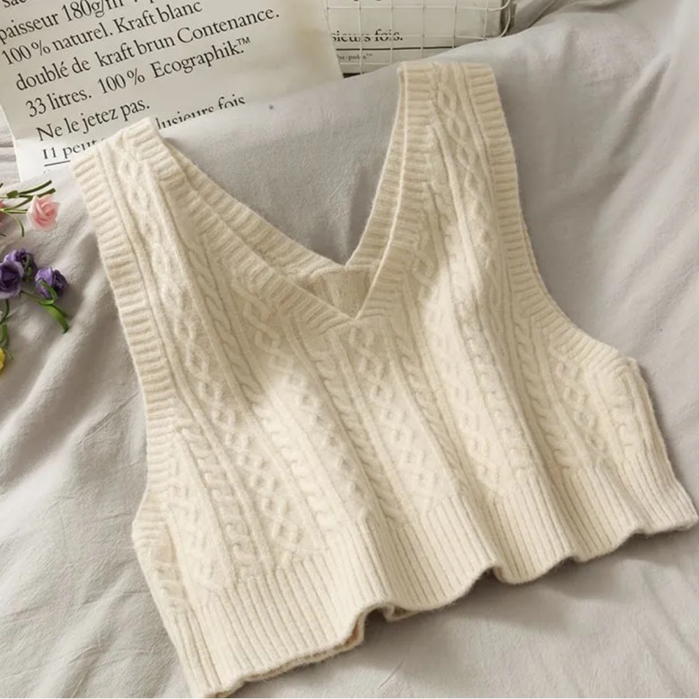 Cream Cable Knit V-Neck Sweater Vest
